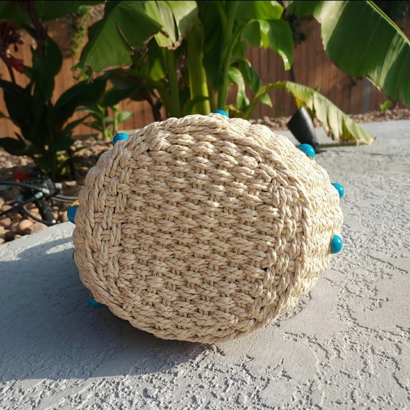 Boho Cottage Farm Straw Beaded Turquoise Blue Bucket Artisy Woven Handbag New - Picture 4 of 9